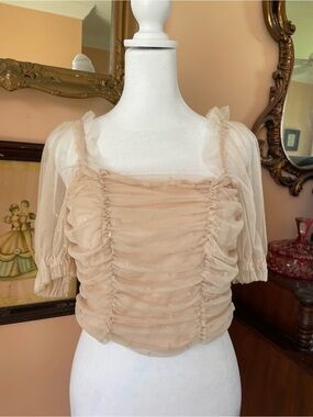 Ruched Square-Neck Sheer Poly Cropped Top Lined Puff Sleeve in Light Nude. M